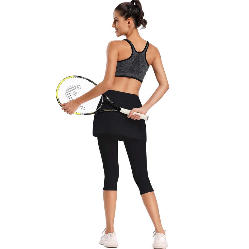 Ibeauti Womens UPF 50+ Yoga Skirted Capri Leggings Golf Tennis Pants with Skirt for Running Workout Active (Black, Medium) - Image 4